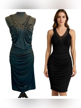 Black Crochet V-Neck Ruched Bodycon Dress